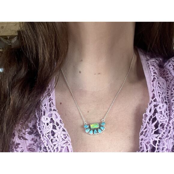Sterling Silver Turquoise Opal Cluster Necklace 16-18” Southwest Pendant Gift - Picture 4 of 10